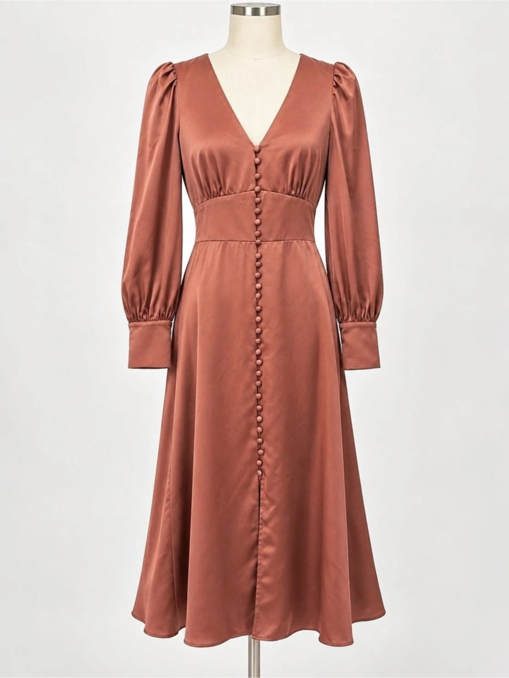 Lichi Dusty Rose Satin Puff Sleeve Button Front Midi Dress Size S